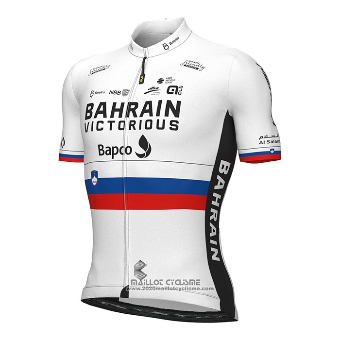 2022 Maillot Cyclisme Slovenie Champion Bahrain Victorious Blanc Rouge Manches Courtes et Cuissard